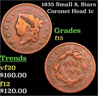 1835 Small 8, Stars Coronet Head Large Cent 1c Gra