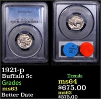 PCGS 1921-p Buffalo Nickel 5c Graded ms63 By PCGS