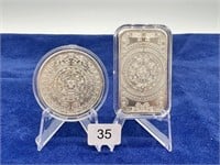 (2) 1oz .999 Silver Mayan Aztec Calendar Bar/Coin
