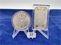 (2) 1oz .999 Silver Mayan Aztec Calendar Bar/Coin