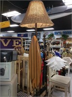 Wood surfboard lamp with jute shade