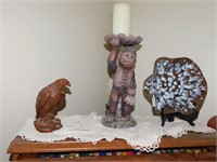 Signed Pottery Bowl, Monkey And Eagle Sculptures