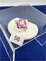 10k Yellow Gold Pink Stone & CZ Cocktail Ring Sz 8
