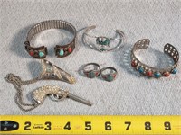 Vintage Rings, Braclets, & Pistol Pin Set
