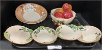 4 Ceramic Tea Plates, Bowls, Wooden Apples.