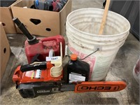 Gas Container, Echo Chain Saw, Oil, Bucket.