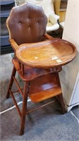 Antique Wood Leather Backed High Chair