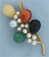 Designer Ming's Jade and Pearl Brooch Pin in 14k Y