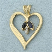 Sapphire and Diamond Heart Pendant in 10k Yellow G