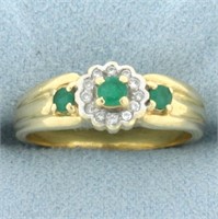 Emerald and Diamond Flower Design Ring in 18k Yell