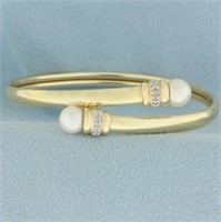 Pearl and Diamond Bypass Twist on Bangle Bracelet