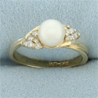 Akoya Pearl and Diamond Ring in 14k Yellow Gold