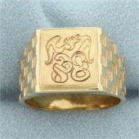Checkerboard Design Signet Ring in 14k Yellow Gold