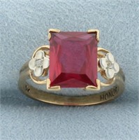 Vintage Lab Ruby and Diamond Flower Ring in 10k Ye