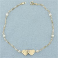 Diamond and Pearl Heart Anklet in 14k Yellow Gold