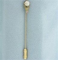 Antique Pearl and White Sapphire Stick Pin in 14k