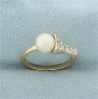 Unique Diamond and Akoya Pearl Ring 14k Yellow Gol