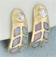Diamond and Black Opal Inlay Earrings in 14k Yello