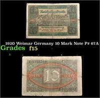 1920 Weimar Germany 10 Mark Note P# 67A Grades f+