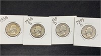 (4) Silver Washington Quarters 38-P&S, 39-D&S