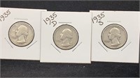(3) Silver Washington Quarters 1935-PDS