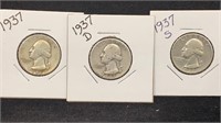 (3) Silver Washington Quarters 1937-PDS