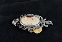 Large Shell Cameo With Garnet and Marcasites Pin