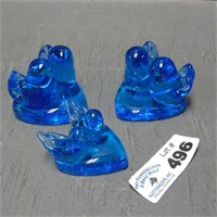 (3) Blue Glass Bird Paperweights