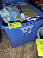 BLUE TOTE WITH MONKEY BLANKET AND STUFFED ANIMALS