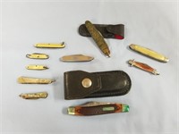 GROUP OF KNIVES INCL OLD TIMMER, MOTHER OF PEARL &