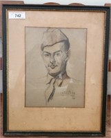 VINTAGE MILITARY SOLDIER SKETCH SIGNED 1944 WWII