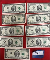 9 - TWO DOLLAR BILLS, SERIES 2 - 1953, 3 - 1995,