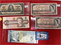 4 - CANADA TWO DOLLAR BILLS & 1 - FIVE DOLLAR BILL