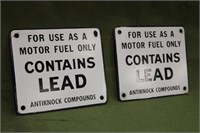 (2) Gas Pump Porcelain Contains LEAD Signs Approx