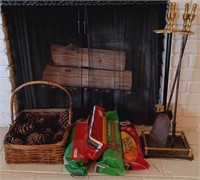 D - FIREPLACE TOOLS, LOGS & PINE CONES IN BASKET