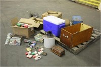 Suitcase, Assorted Oil Can and Milk Cartons, Scale