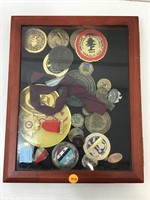 Shadowbox with Military and Foreign Tokens/Medals