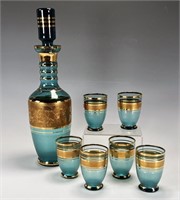 ART DECO BLUE GLASS W GOLD RIM DECANTER & CORDIAL