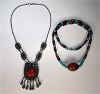 TWO FAUX TURQUOISE & CORAL ETHNIC NECKLACES