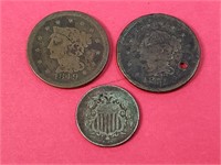 1867 Sheild Nickel & 2- Braided Hair Large Cents