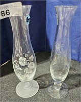 2 Glass Bud Flower Vases w/ Etching One Frosted