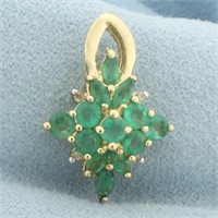Emerald and Diamond Cluster Pendant in 14k Yellow
