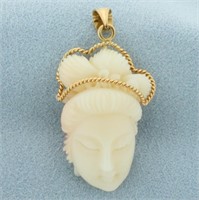 Carved Angel Skin Coral Asian Women Pendant in 14k