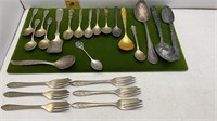 23 MISC SILVERPLATED SILVERWARE 1 GOLD PLATED