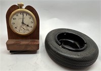 Vintage Paperweight Clock and Tire Ashtray