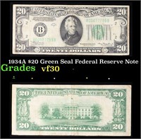 1934A $20 Green Seal Federal Reseve Note Grades vf