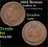 1864 Bronze Indian Cent 1c Grades vg+