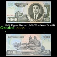 2002 Upper Korea 1,000 Won Note P# 45B Grades Gem+