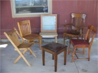 Vintage wood chairs, side tables, glass cabinets