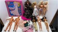 9 KENDOLLS AND BARBIES W/ 1977 DOLL CASE